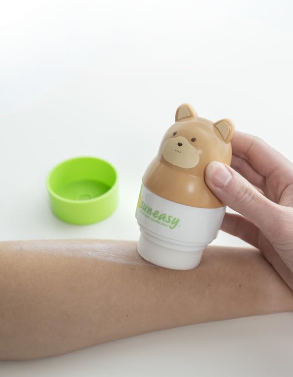 Sun-Easy Sunscreen Applicator, Refillable Roll-On with Sponge for Kids and Babies, Fun, Fast and Mess-Free application, Holds 100 ml, Bear/Green Cap