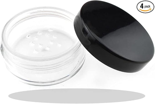 HAHIYO 4pcs 10ml/0.34oz Plastic Empty Travel Compact Case Makeup Cosmetic Jar Refillable Powder Box No Leak Holder with Common Sifter and Black Screw Lid