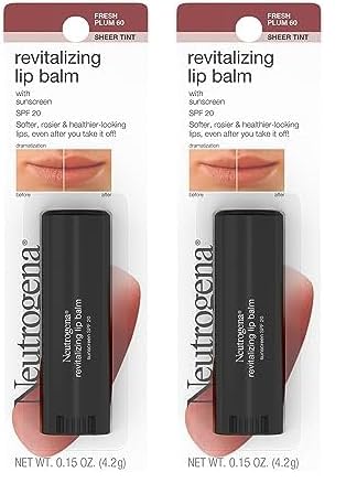 Neutrogena Revitalizing and Moisturizing Tinted Lip Balm with Sun Protective Broad Spectrum SPF 20 Sunscreen, Lip Soothing Balm with a Sheer Tint in Color Fresh Plum 60,.15 oz (Pack of 2)