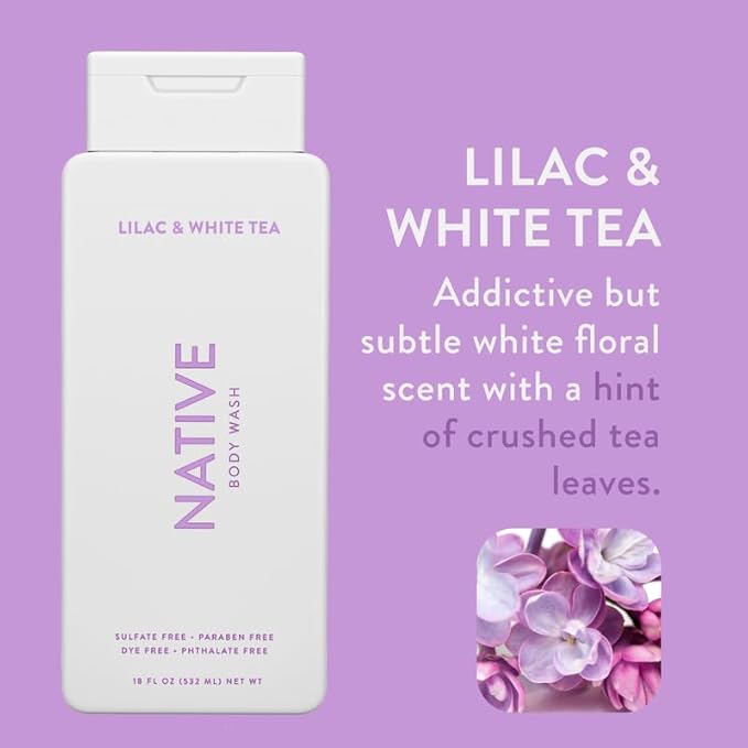 Native Body Wash Contains Naturally Derived Ingredients | For Women & Men, Sulfate, Paraben, & Dye Free Leaving Skin Soft and Hydrating | Lilac & White Tea 18 oz - 2 Pk