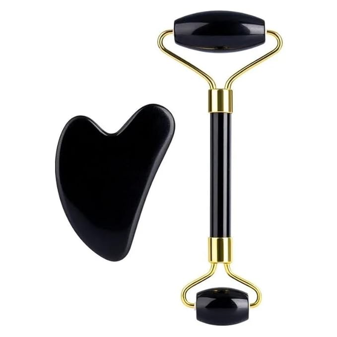 Black Obsidian Jade Facial Roller & Gua Sha Set 100% Natural Source from Highest Altitude of Himalayan Two-Sided Face Neck Massager Stone Beauty Tool