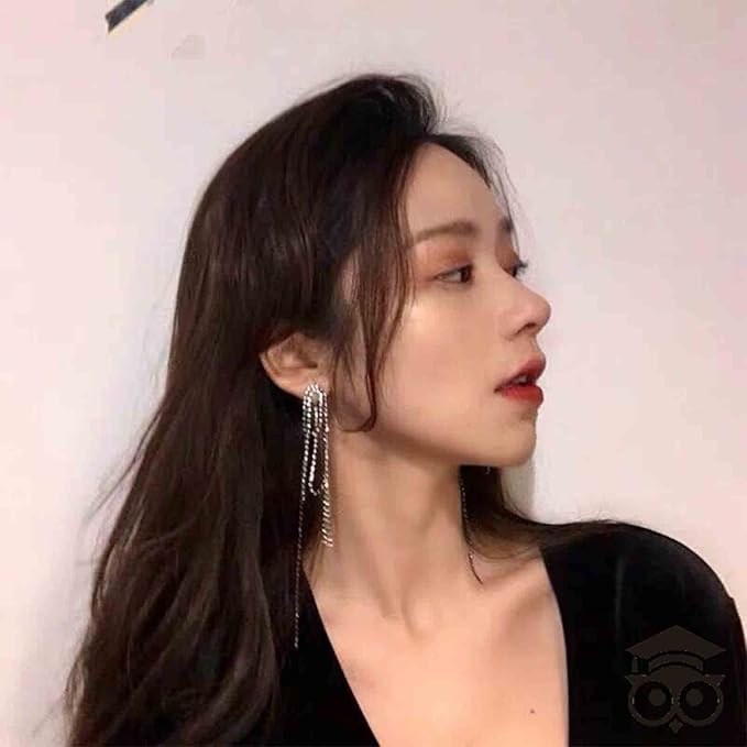 Rhinestone Tassel Ear Jacket Earrings Long Rhinestone Chain Earrings Silver Crystal Tassel Earrings Vintage Chandelier Chain Earrings Luxury Statement Earrings Jewelry for Women and Girls Gifts