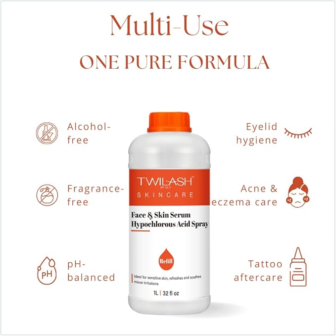 Hypochlorous Acid Spray Refill | HOCl Face & Skin Cleanser | Facial Mist, Acne & Eczema Relief, Tattoo & Piercing Aftercare | Eyelid & Lash Cleanser | Alcohol-Free Toner (32 Fl Oz)