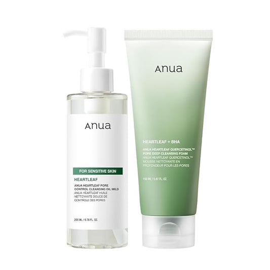 Anua Mild Double Cleanser Duo for Facial Cleansing : Heartleaf Pore Control Cleansing Oil Mild & Heartleaf Quercetinol Pore Deep Cleansing Foam for Double Cleansing, Blackhead Remover, Korean Skincare