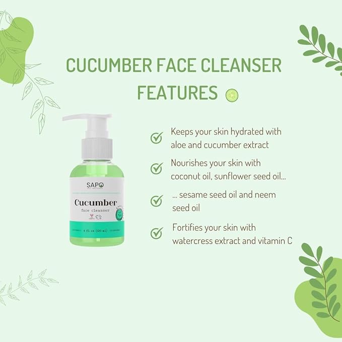 Sapo Cucumber Face Cleanser - Gentle Gel Wash with Aloe Vera, Coconut Oil, Neem and Vitamin C - For Dry, Sensitive, Oily or Acne Prone Skin, 4 oz