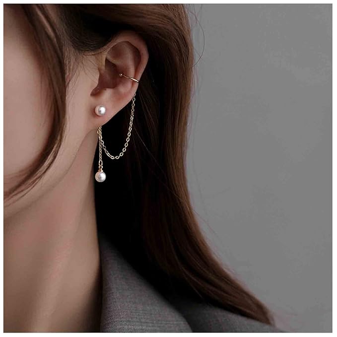 Vintage Pearl Cuff Chain Earrings Gold Chain Ear Cuffs Dangle Chain Cartilage Earrings Pearl Studs Earrings Cartilage Helix Earrings Helix to Lobe chain earrings Jewelry for Women and Girls (Gold B)