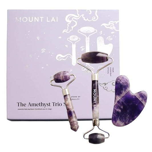Mount Lai Amethyst Trio Calming Facial Set, Facial Roller and Amethyst Gua Sha Facial Tools Set, Guasha Tool for Face to Relieve Muscle Tension and Reduce Puffiness, Anti Aging Skin Care Sets