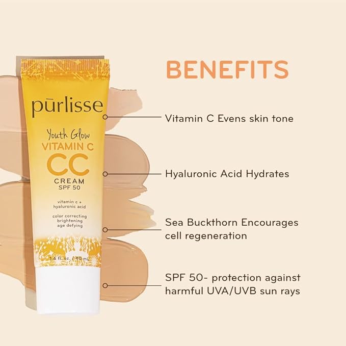 pūrlisse Youth Glow Vitamin C CC Cream SPF 50: Cruelty-Free & Clean, Paraben & Sulfate-Free, Full Coverage, Hydrates with Hyaluronic Acid | Light 1.4oz