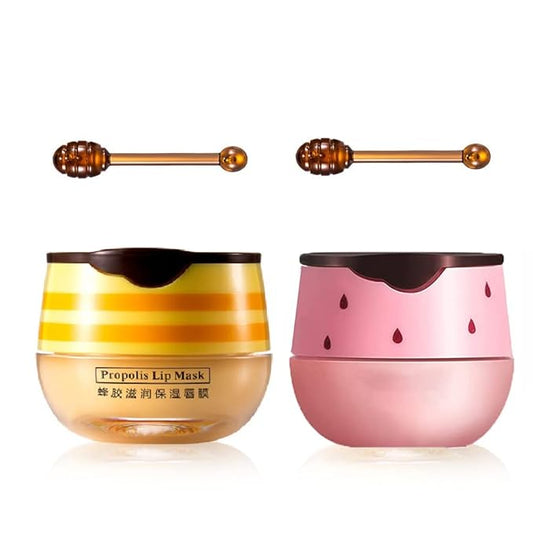 2PCS Lip Balm Honey Pot,Honey & Strawberry Lip Balm, Propolis Moisturizing Honey Lip Mask Lip Balm, Hydrating & Prevention Dry and Cracked Lip Scrubs Exfoliator