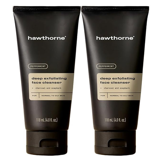 Hawthorne Men's Deep Exfoliating Charcoal Face Wash Cleanser For Normal to Oily Skin. Eliminate Dirt, Grease, and Grime. Natural Ingredients, Vegan, Sulfate Free. 2-Pack, 4 Fl. Oz. Each