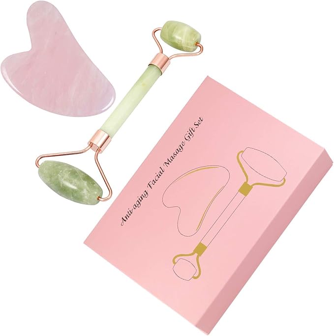 mookaitedecor Xiuyan Jade Roller & Rose Quartz Gua Sha Scraping Massage Tool Set, Face Massager for Wrinkles, Anti Aging