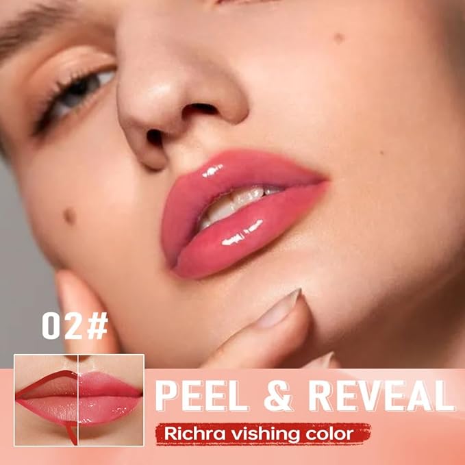 Rose Pink Peel Off Lip Gloss Tattoo and Lip Oil 2-in-1, Lip Stain Peel Off Masque - Peel Off Lip Tint ,Long Lasting Waterproof Transfer-proof Lip Mask Lip Gloss Peel Off Lip Liner,Stay Lip Makeup #02