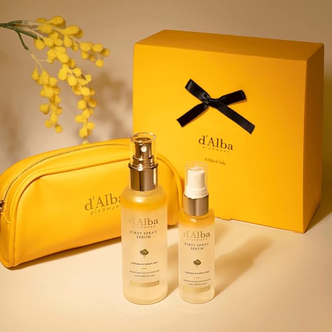 d'Alba Travel Essencial Gift Set, White Truffle First Spray Serum Full Size & Travel Size with Yellow Pouch, Korean Skin Care
