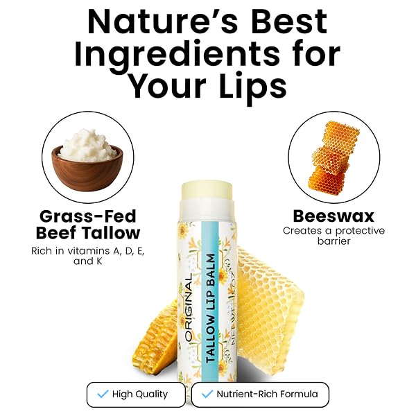 Tallow Lip Balm by Cattle Creek – Organic, All-Natural Ingredients, Long-Lasting Moisture and Hydration for Dry, Cracked, and Chapped Lips, Soothing Formula for Soft Skin (Pack of 3, Original)