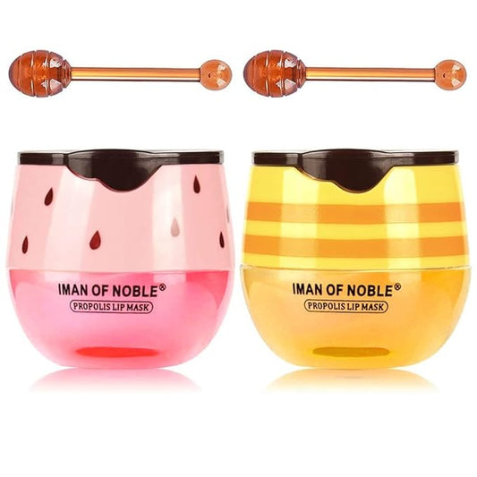 Bee Lip Balm Honey Pot, 2 PCS Strawberry & Honey Hydrating Prevention Dry and Cracked Lip Scrubs Exfoliator, Propolis Moisturizing Lip Sleep Mask Reduces Lip Lines, Lip Exfoliating Honey Bee Lip Mask