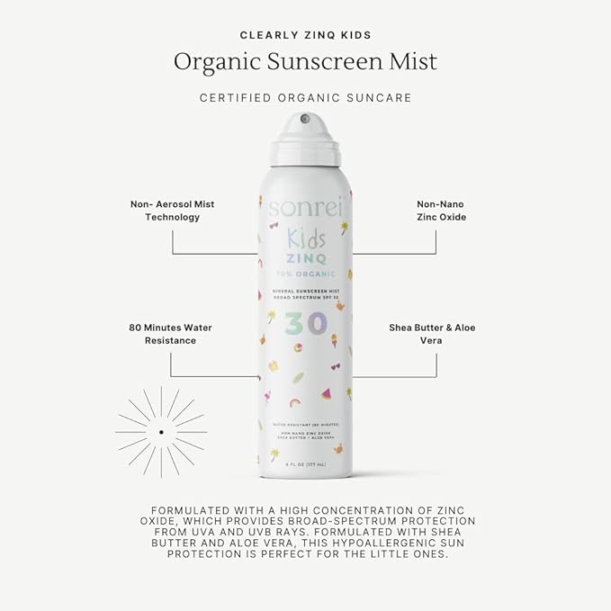 Sonrei Kids ZinQ™ Organic Mineral Mist Sunscreen | SPF 30, Broad Spectrum, Water-Resistant | Vegan, Eco-friendly (6 Fl Oz (Pack of 1))