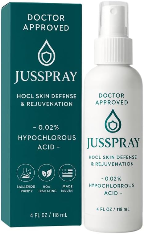 JusSpray™ Hypochlorous Acid (HOCl) Spray – Doctor Approved Skin Defense Mist 4 oz – Face & Body Toner for Sensitive, Acne & Eczema-Prone Skin, Redness Relief & Piercing Aftercare