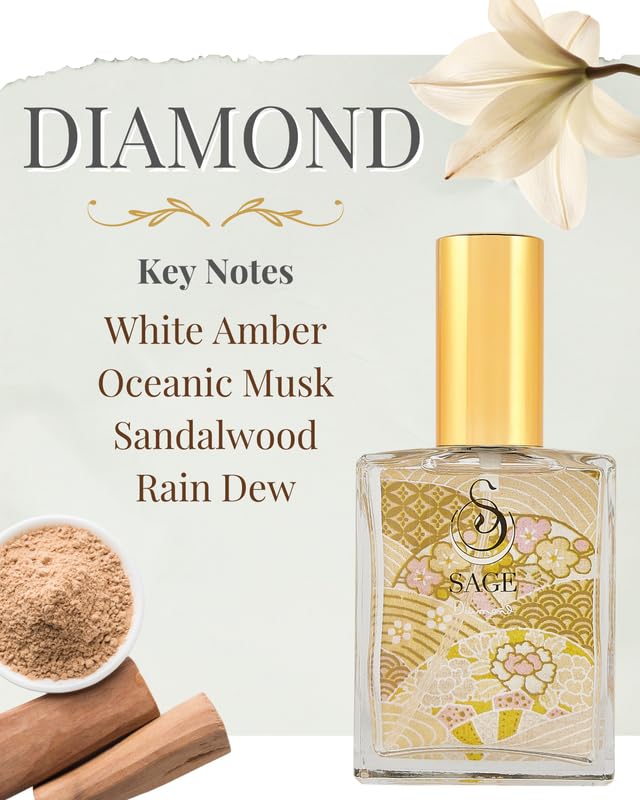 The Sage Lifestyle Diamond Spray Perfume, Soft Perfume, White Lily, Aquatic Musk, White Amber for Women, Luxury Long Lasting Scent, Vegan & Cruelty Free, Made in USA, 2 oz