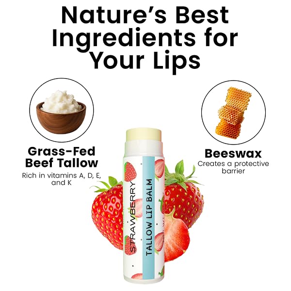 Tallow Lip Balm by Cattle Creek – Organic, All-Natural Ingredients, Long-Lasting Moisture and Hydration for Dry, Cracked, and Chapped Lips, Soothing Formula for Soft Skin (Pack of 3, Strawberry)