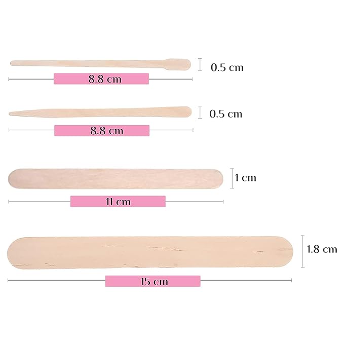 Mibly 4 Style Pack of 600 Assorted Wooden Wax Sticks for Body Legs Face and Small Medium Large Sizes Eyebrow Waxing Applicator Spatulas for Home and Spa Usage (Assorted Pack of 600)
