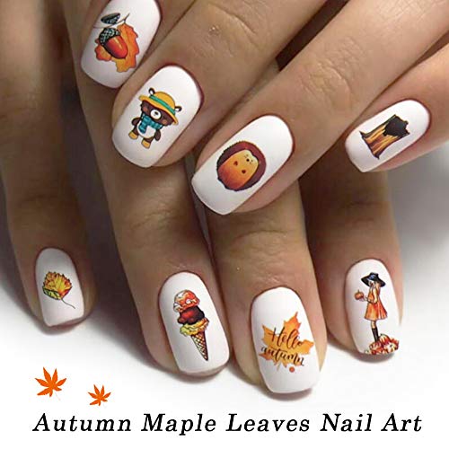 Fall Nail Stickers Autumn Maple Leaf Nail Art Decals Thanksgiving Day Water Decal Transfer Slider Set Turkey Pumpkin Nail Art Foil Stickers Nail Supplies Accessories Decoration Manicure Tips 12 Design