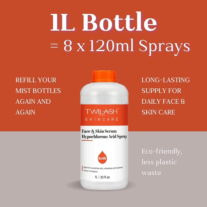Hypochlorous Acid Spray Refill | HOCl Face & Skin Cleanser | Facial Mist, Acne & Eczema Relief, Tattoo & Piercing Aftercare | Eyelid & Lash Cleanser | Alcohol-Free Toner (32 Fl Oz)