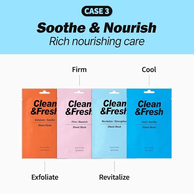 EUNYUL [PACK OF 10] Clean & Fresh Sheet Mask 22 ml / 0.74 fl.oz. 10 types Korean Sheet Mask Bundle Pack For All Skin Type Face Mask Pack