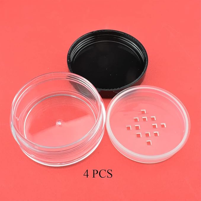 HAHIYO 4pcs 10ml/0.34oz Plastic Empty Travel Compact Case Makeup Cosmetic Jar Refillable Powder Box No Leak Holder with Common Sifter and Black Screw Lid