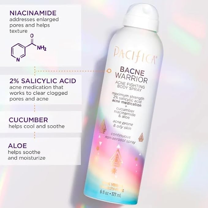 Pacifica Bacne Acne Cleanser Spray - Bacne Warrior - Body Spray for Acne Treatment - w/ 2% Salicylic Acid Niacinamide & Aloe - for Body, Chest & Back Acne for Teens & Adults Vegan Dermatologist Tested