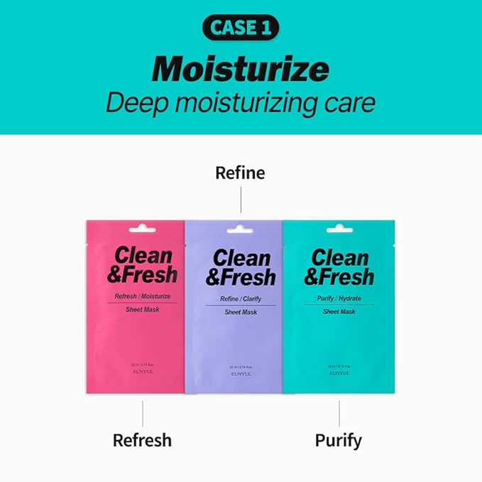EUNYUL [PACK OF 10] Clean & Fresh Sheet Mask 22 ml / 0.74 fl.oz. 10 types Korean Sheet Mask Bundle Pack For All Skin Type Face Mask Pack