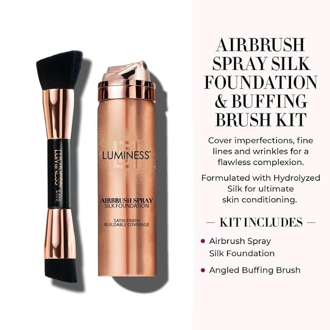 LUMINESS Silk Airbrush Spray Foundation & Buffing Brush Kit – Full Coverage Foundation & Dual-Sided Buffing Brush - Buildable Coverage, Anti-Aging Formula Hydrates & Moisturizes (Shade - Warm)