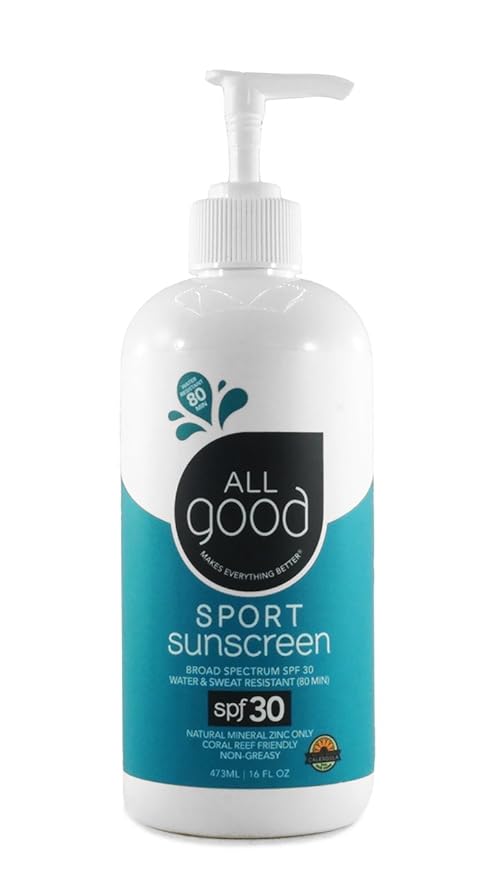 All Good Sport Mineral Sunscreen Lotion - Coral Reef Friendly, Water & Sweat Resistant, Face & Body, UVA/UVB Broad Spectrum SPF 30+ (16 oz Pump)