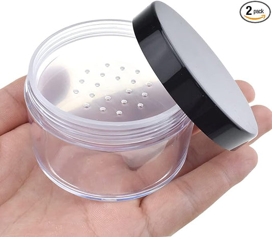 HAHIYO 2Pcs 50ml/1.69oz Plastic Empty Travel Powder Container Large Loose Powder Compact Case Makeup Cosmetic Jar Refillable Powder Box No Leak Powder Holder with Common Sifter and Black Screw Lid