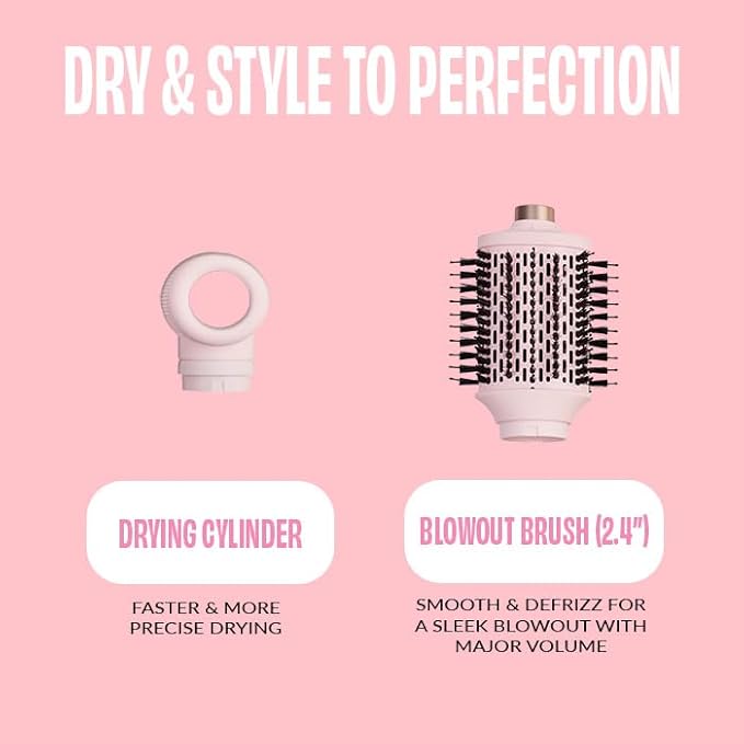 FoxyBae Super Styler Pro Interchangeable 5 in 1 Hair Styler Wand Curling Iron Set - w/Drying Cylinder, Ceramic Blowout & Round Brushes, 2 Auto-Wrap Curlers - Frizz-Free, Smooth Hair [Blush]