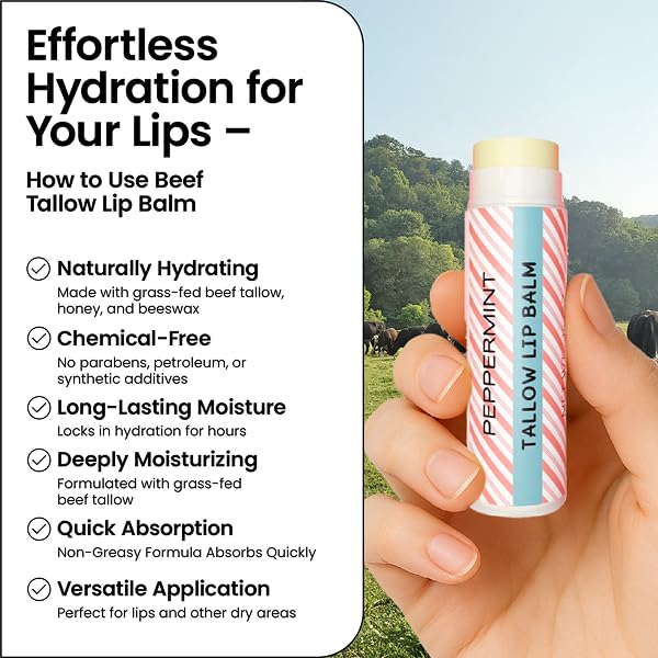 Tallow Lip Balm by Cattle Creek – Organic, All-Natural Ingredients, Long-Lasting Moisture and Hydration for Dry, Cracked, and Chapped Lips, Soothing Formula for Soft Skin (Pack of 3, Peppermint)