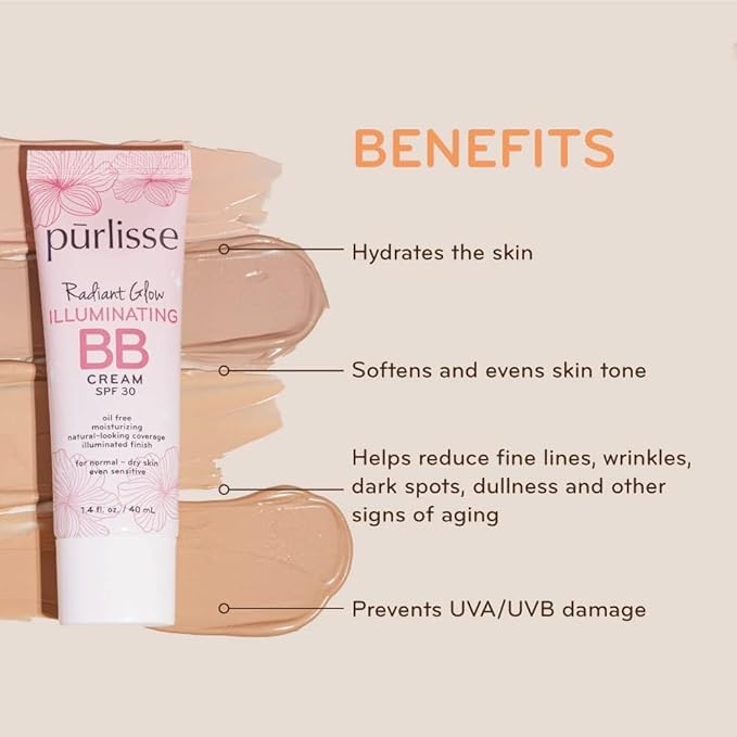 pūrlisse Radiant Glow Illuminating BB Cream Spf30 Hydrating and Moisturizing Natural Organic Cruelty-free Sulphate & Paraben Free For All Skin Even Sensitive Skin 1.4 Fl Oz (Tan)