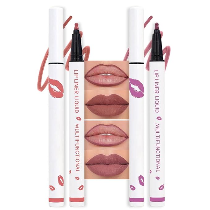 2Pcs Longwear Liquid Lip Liner Stain Marker Pen Set Long Lasting Waterproof, Maroon Dusty Mauve Purple Matte 24 Hour Lip Liner and Lipstick Combo Korean Color Stay Lipliner All Day Lips Stain peel off
