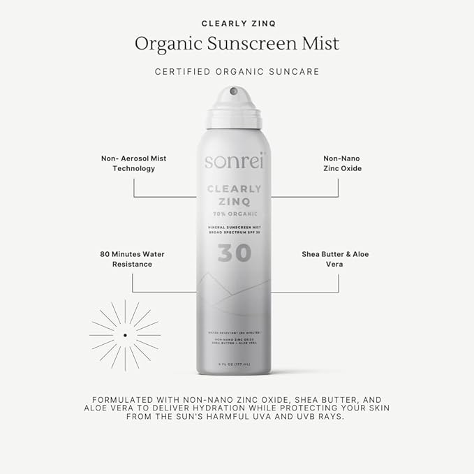 Sonrei Clearly ZinQ™ Mineral Sunscreen Mist | SPF 30, Broad Spectrum, Transparent | Vegan, Water Resistance, Non-Greasy | Ideal for Face & Body (6 Fl Oz (Pack of 1))