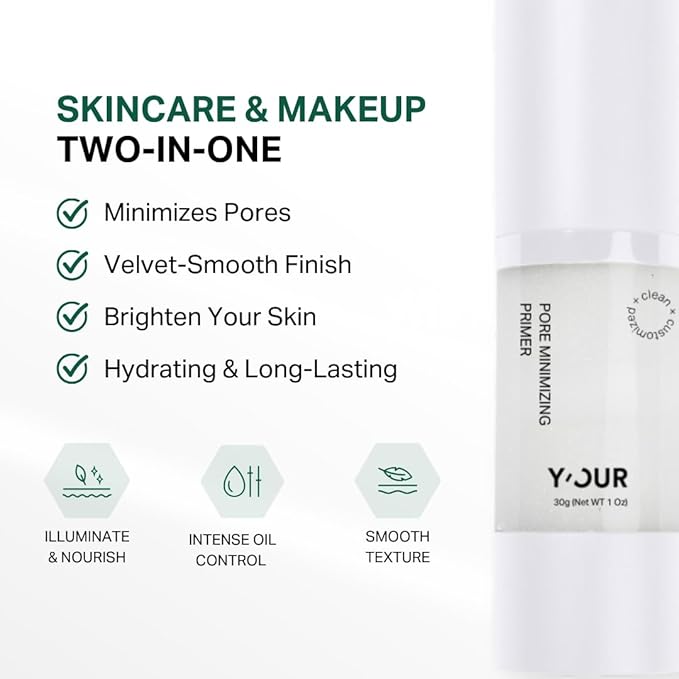 Y’OUR Pore Minimizer Velvet Veil Primer: Hydrating, Oil-Controlling & Long-Lasting; Blur Makeup for Flawless Base; Photo Finish Foundation Coverage; Brightens with Vitamins C & E. Made in USA