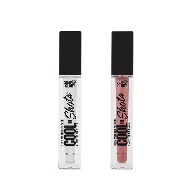 Soap & Glory Cool The Shots Plumping Lip Gloss Duo – Clear (4ml) & Nude Edition (4ml) – Hydrating & Cooling Lip Plumpers with Menthol & Vitamin E – High Shine, Vegan & Cruelty-Free