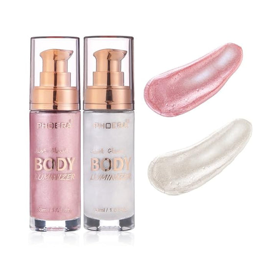 2 Pack PHOERA Shimmer Body Lotion, High Gloss Waterproof Glitter Face Body Luminizer Oil Highlighter Makeup .104# Sparkle Pink&105# White moonbeam
