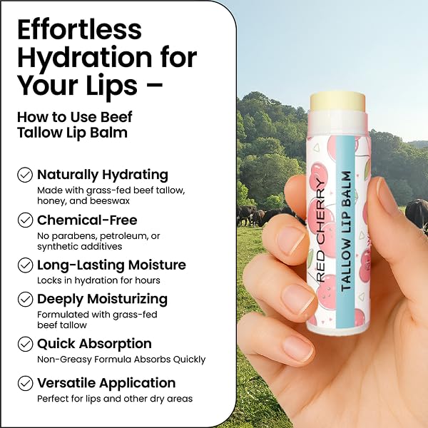 Tallow Lip Balm by Cattle Creek – Organic, All-Natural Ingredients, Long-Lasting Moisture and Hydration for Dry, Cracked, and Chapped Lips, Soothing Formula for Soft Skin (Pack of 3, Red Cherry)