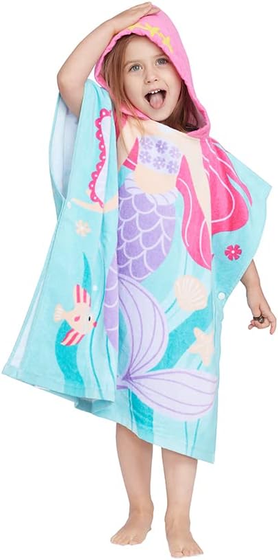 Gealaek 100% Cotton Hooded Towel for Toddlers 2-6 Years Boys Girls Kids Bath Pool Beach Towel Soft Absorbent Beach Poncho Little Mermaid