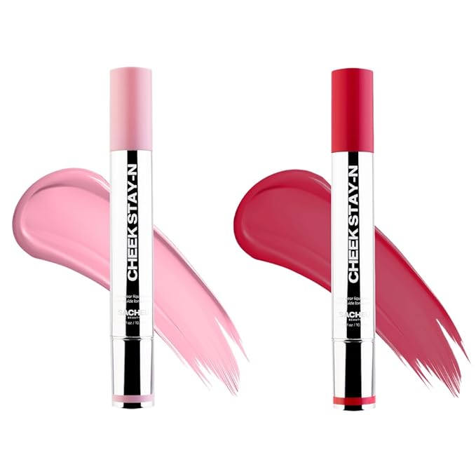Sacheu Cheek STAY-N Liquid Blush for Cheeks — High Pigment, Buildable, Lightweight Cream Blush Infused With Squalane, for Dewy Radiant Flushed Cheeks — Long-lasting & Cruelty Free, Flirt Mode Duo