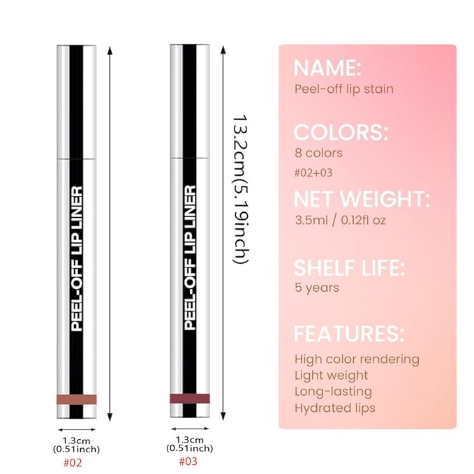 2 Pcs Matte Liquid Lip Stain Peel Off Lip Liner, Long Lasting Lip Tattoo, Waterproof & Transfer-Proof Lip Liner Peel Off Lip Gloss for All Skin Types. 0.12 fl oz #02+#03