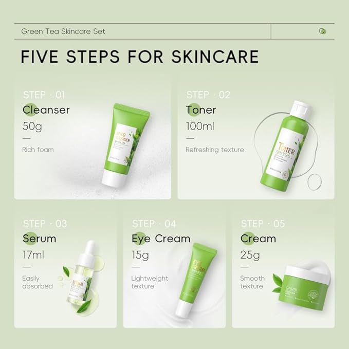 Skin Care Set, Green Tea Skin Care Sets & Kits, Skin Care for Teenage Girls Gift Set with Cleanser, Toner, Serum, Eye Cream, Facial Cream, Facial Skin Care Sets & Kits for Teenage Girls Women