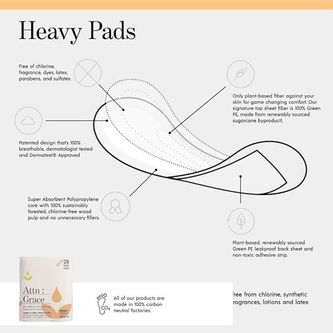Attn: Grace Heavy Incontinence Pads for WomenWomen 2-Pack (56 Pads Total / 28 per Pack) - High Absorbency for Sensitive Skin | Protection for Heavy Bladder Leakage/Discreet, Breathable, & Plant-Based