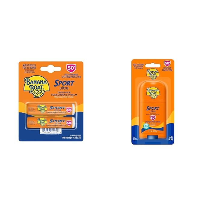 Banana Boat Sport Ultra SPF 50 Lip Sunscreen Twin Pack | SPF Lip Balm Pack & Sport Ultra, Reef Friendly, Broad Spectrum Sunscreen Stick, SPF 50, 1.5oz.
