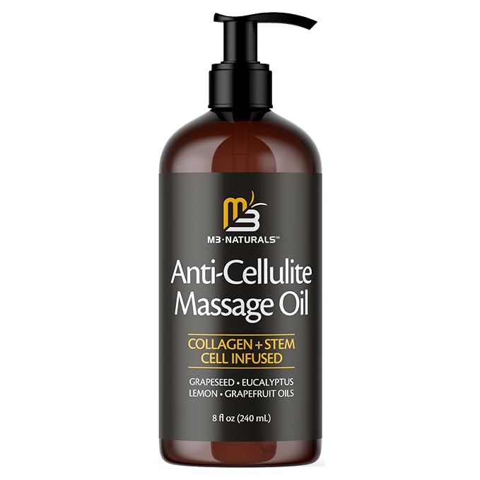 M3 Naturals Anti Cellulite Massage Oil and Firm Dry Brush Kit | Collagen & Stem Cell Skin Tightening Kit | Radiant Body Care Kit for Women