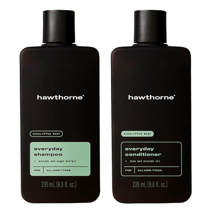 Hawthorne Men's Everyday Shampoo and Conditioner Set. For Stronger, Healthier Hair with Pure Avocado Oil and Coconut Oil. Mint and Eucalyptus Scent. Sulfate Free, Paraben Free. 8 fl. oz each.